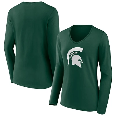 Women's Green Michigan State Spartans Logo Long Sleeve V-Neck T-Shirt