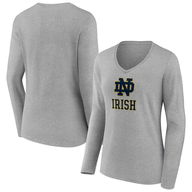 Women's Gray Notre Dame Fighting Irish Logo Long Sleeve V-Neck T-Shirt