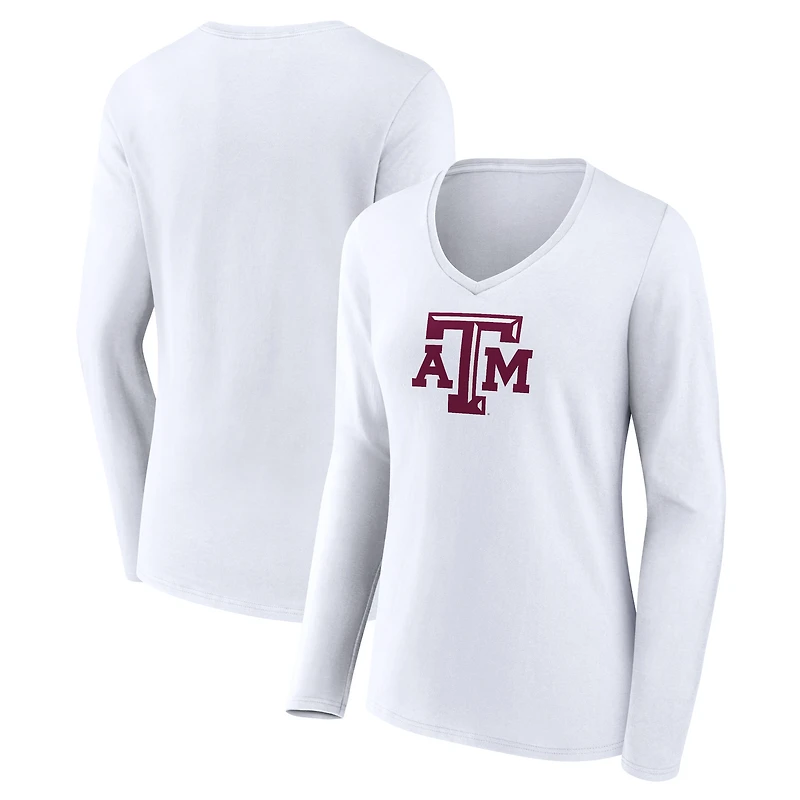 Women's White Texas A&M Aggies Logo Long Sleeve V-Neck T-Shirt