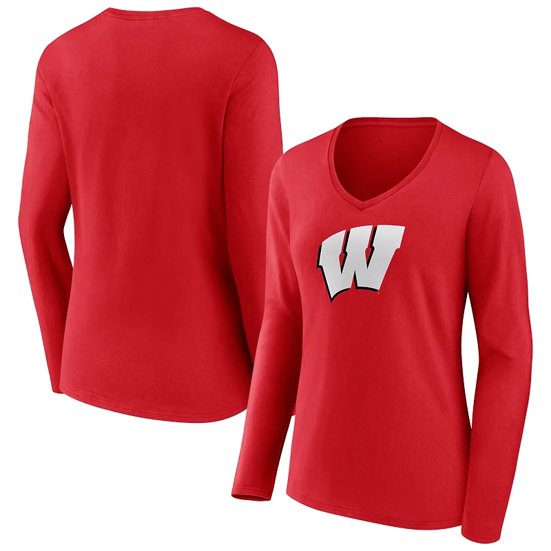 Women's Red Wisconsin Badgers Logo Long Sleeve V-Neck T-Shirt