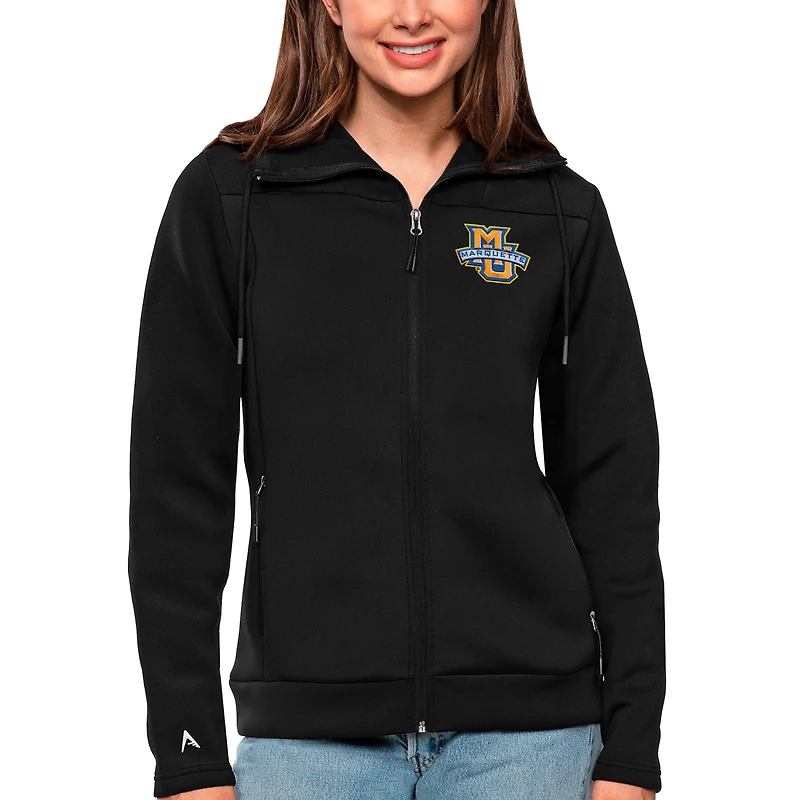 Women's Antigua Black Marquette Golden Eagles Protect Full-Zip Jacket