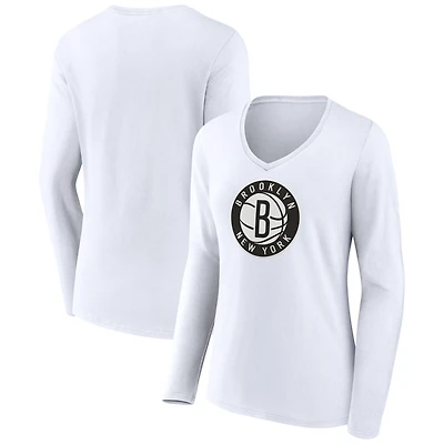 Women's White Brooklyn Nets Alternate Logo V-Neck Long Sleeve T-Shirt