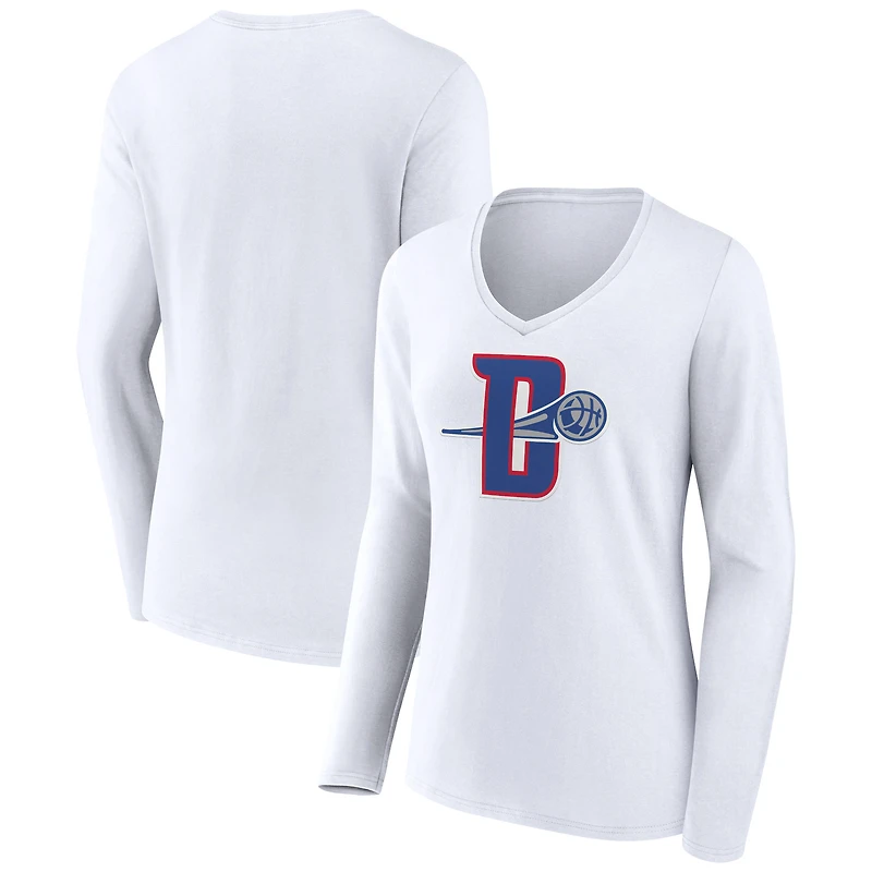Women's White Detroit Pistons Alternate Logo V-Neck Long Sleeve T-Shirt