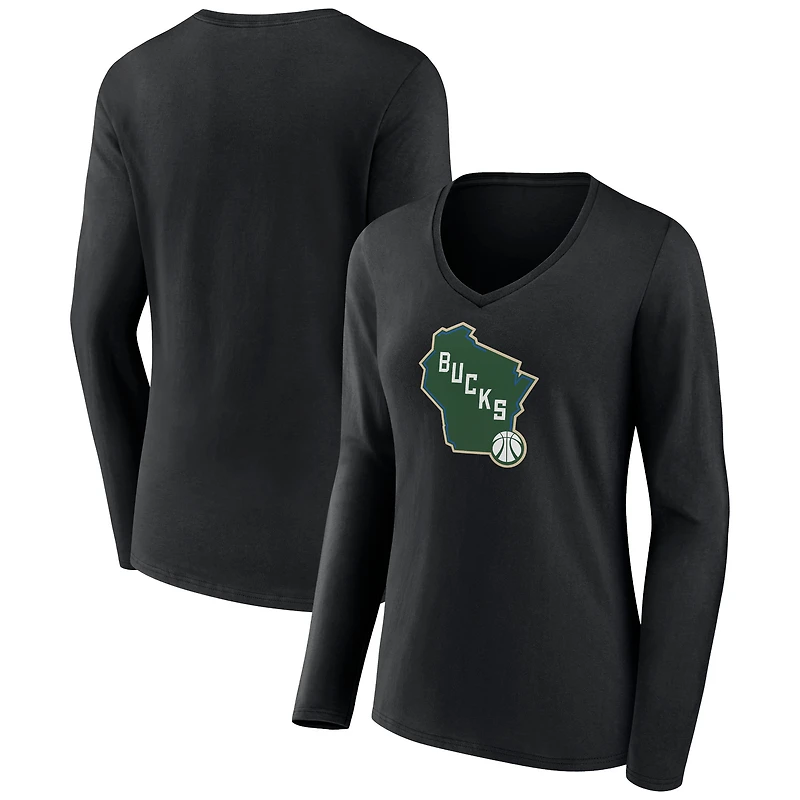 Women's Black Milwaukee Bucks Alternate Logo V-Neck Long Sleeve T-Shirt