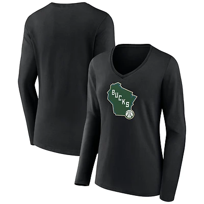 Women's Black Milwaukee Bucks Alternate Logo V-Neck Long Sleeve T-Shirt