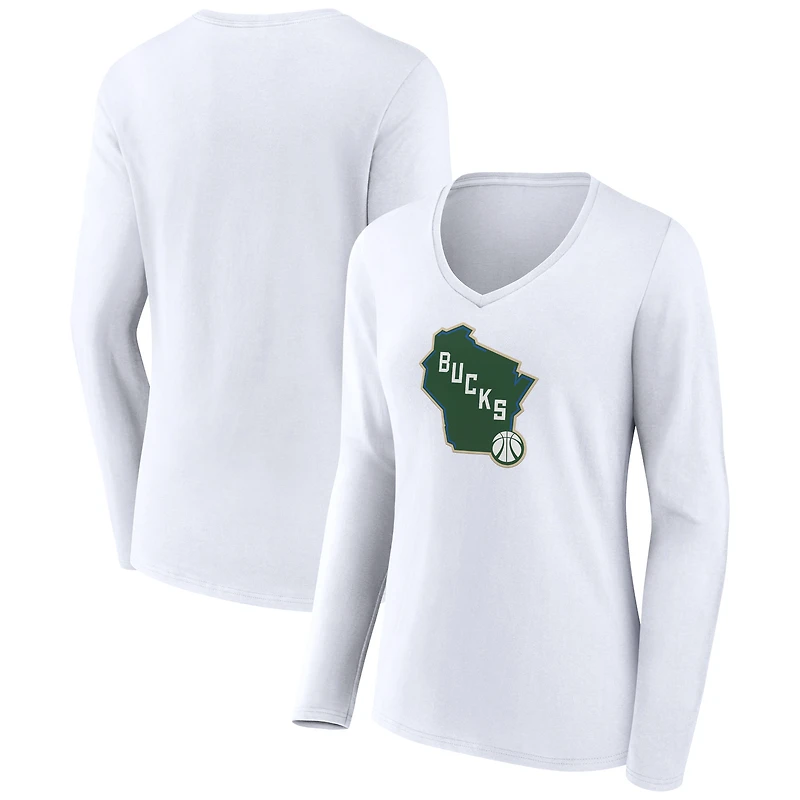 Women's White Milwaukee Bucks Alternate Logo V-Neck Long Sleeve T-Shirt