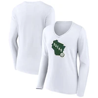Women's White Milwaukee Bucks Alternate Logo V-Neck Long Sleeve T-Shirt