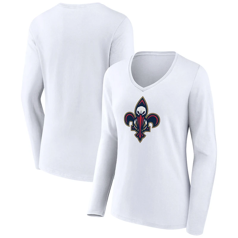 Women's White New Orleans Pelicans Alternate Logo V-Neck Long Sleeve T-Shirt
