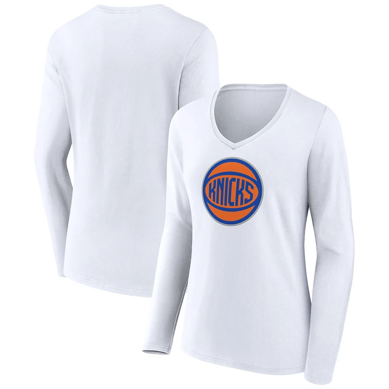 Women's White New York Knicks Alternate Logo V-Neck Long Sleeve T-Shirt