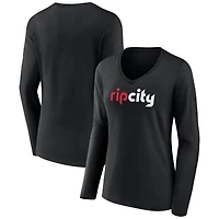 Women's Black Portland Trail Blazers Alternate Logo V-Neck Long Sleeve T-Shirt