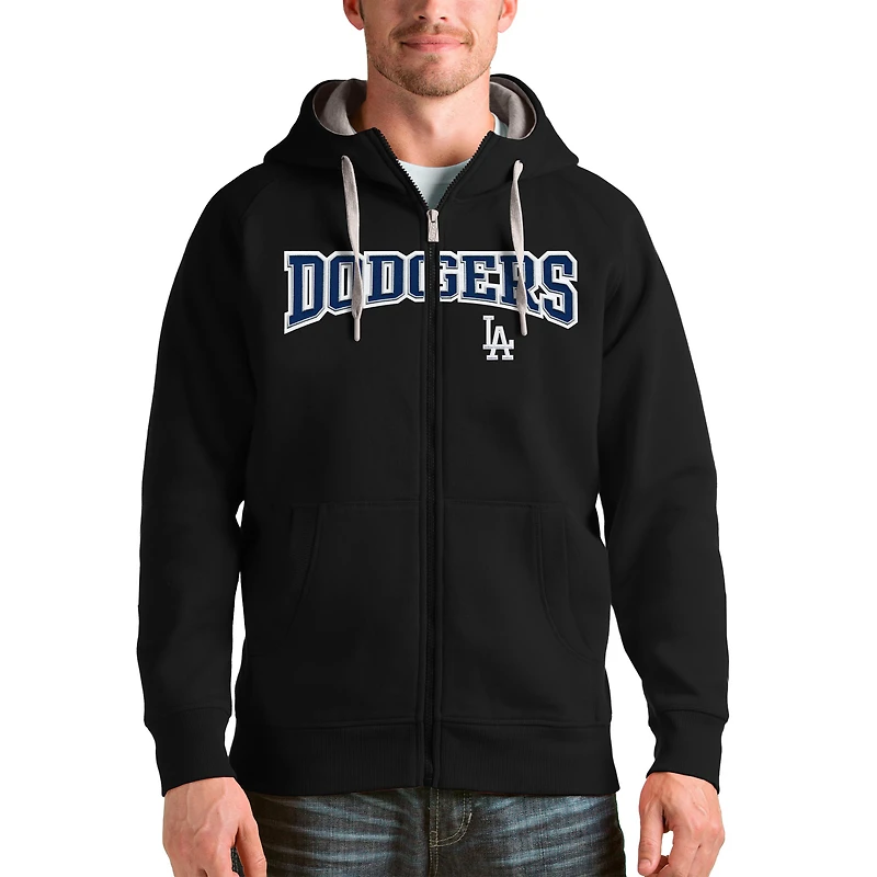Men's Antigua Black Los Angeles Dodgers Team Logo Victory Full-Zip Hoodie