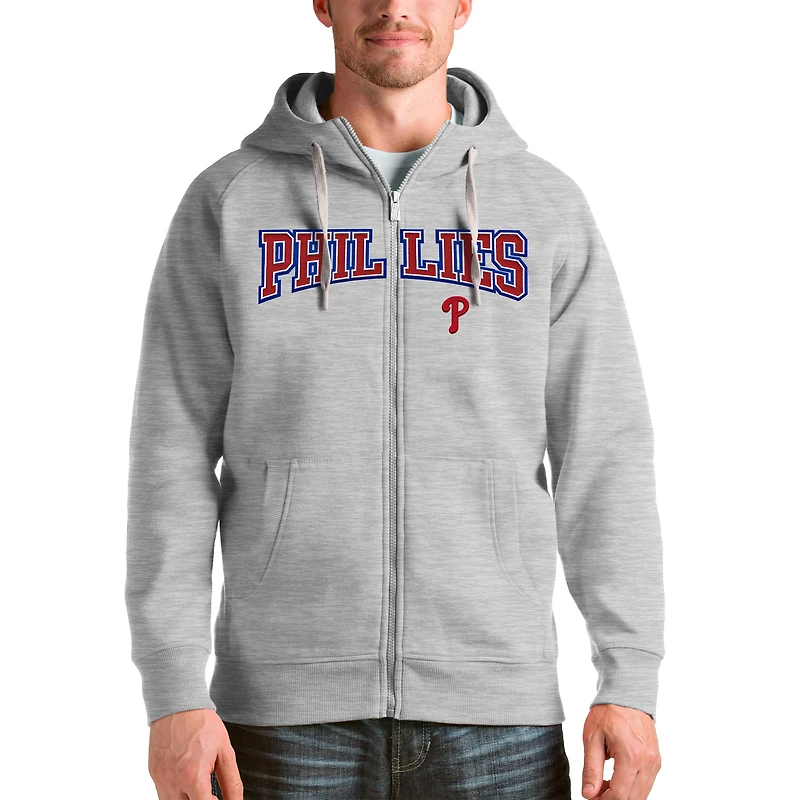 Men's Antigua Heather Gray Philadelphia Phillies Team Logo Victory Full-Zip Hoodie