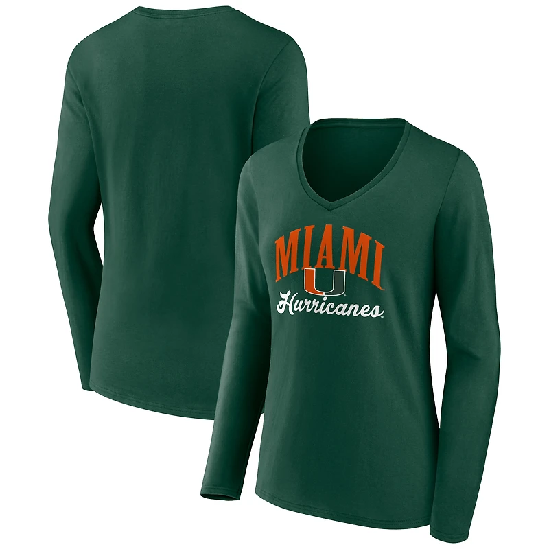 Women's Green Miami Hurricanes Victory Script Long Sleeve V-Neck T-Shirt