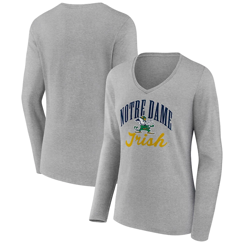 Women's Gray Notre Dame Fighting Irish Victory Script Long Sleeve V-Neck T-Shirt