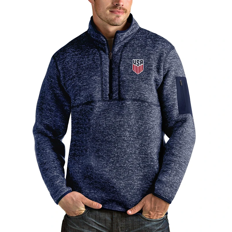 Men's Antigua Heather Navy USMNT Fortune Quarter-Zip Pullover Jacket