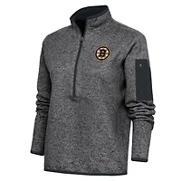 Women's Antigua Heather Charcoal Boston Bruins Team Logo Fortune Quarter-Zip Jacket