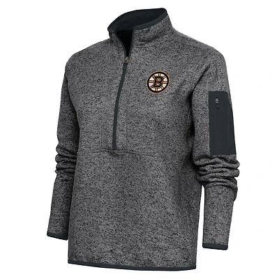 Women's Antigua Heather Charcoal Boston Bruins Team Logo Fortune Quarter-Zip Jacket