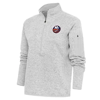 Women's Antigua Heather Gray New York Islanders Team Logo Fortune Quarter-Zip Jacket