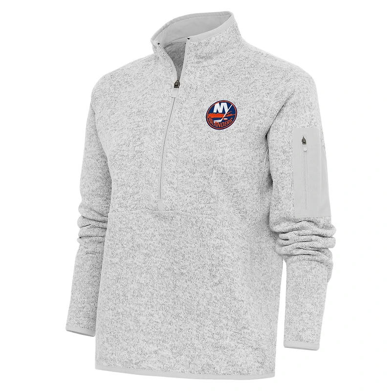 Women's Antigua Heather Gray New York Islanders Team Logo Fortune Quarter-Zip Jacket