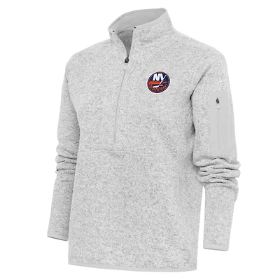Women's Antigua Heather Gray New York Islanders Team Logo Fortune Quarter-Zip Jacket