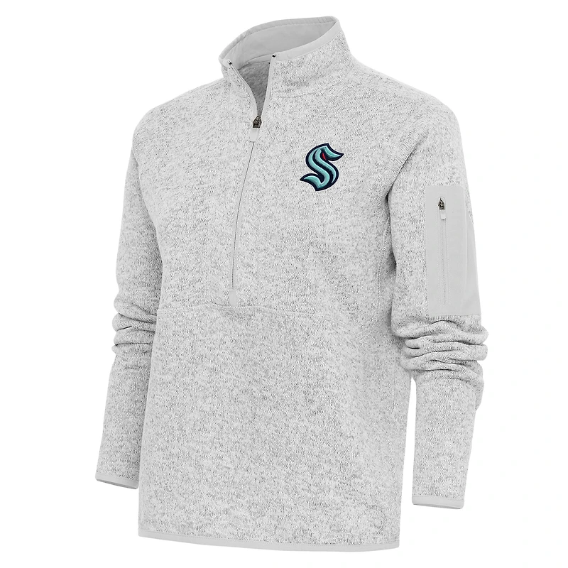 Women's Antigua Heather Gray Seattle Kraken Team Logo Fortune Quarter-Zip Jacket