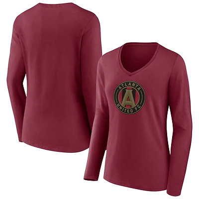 Women's Garnet Atlanta United FC Official Logo Long Sleeve V-Neck T-Shirt
