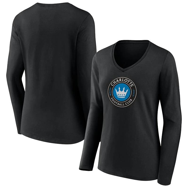 Women's Black Charlotte FC Official Team Logo Long Sleeve V-Neck T-Shirt