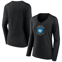Women's Black Charlotte FC Official Team Logo Long Sleeve V-Neck T-Shirt