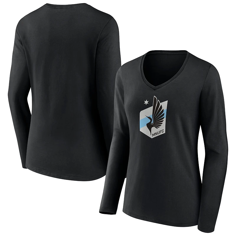 Women's Black Minnesota United FC Official Logo Long Sleeve V-Neck T-Shirt