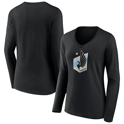 Women's Black Minnesota United FC Official Logo Long Sleeve V-Neck T-Shirt