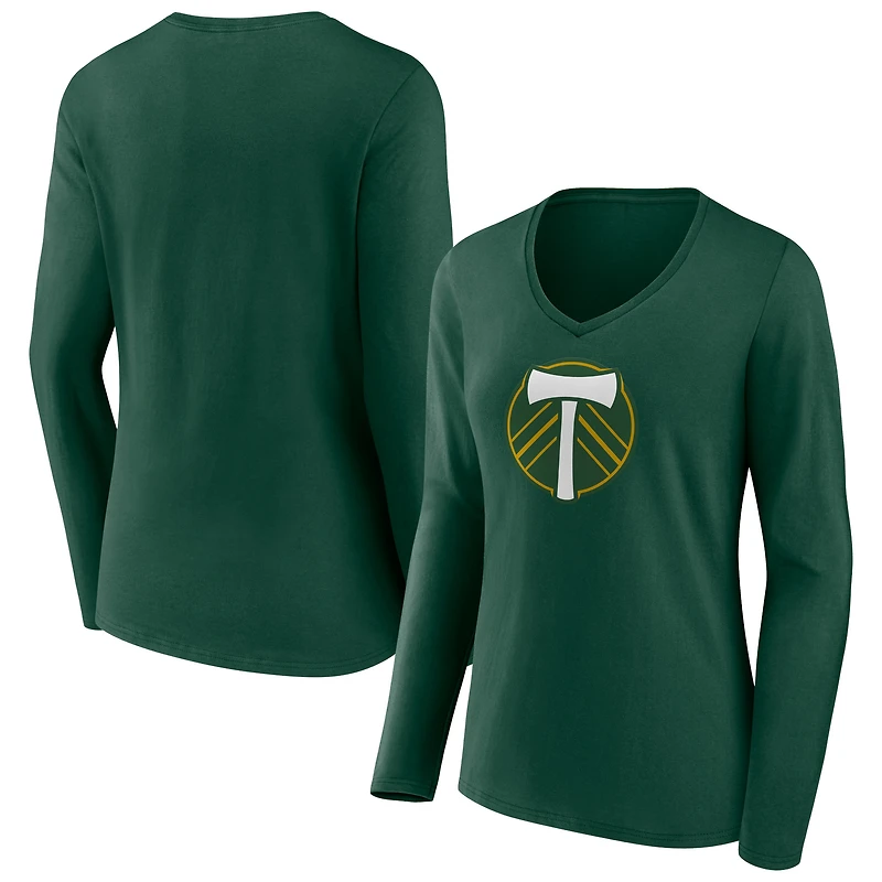 Women's Green Portland Timbers Official Logo Long Sleeve V-Neck T-Shirt
