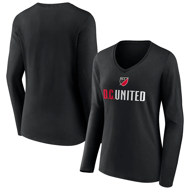 Women's Black D.C. United Shielded Logo Long Sleeve V-Neck T-Shirt