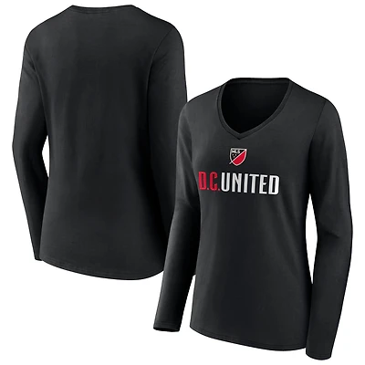 Women's Black D.C. United Shielded Logo Long Sleeve V-Neck T-Shirt