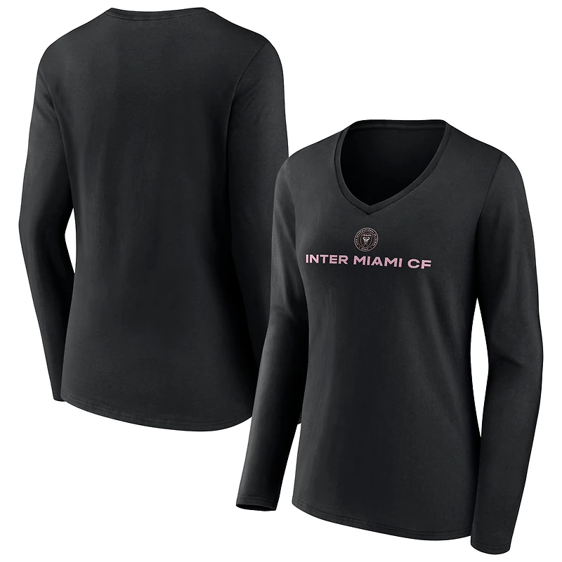 Women's Black Inter Miami CF Shielded Logo Long Sleeve V-Neck T-Shirt
