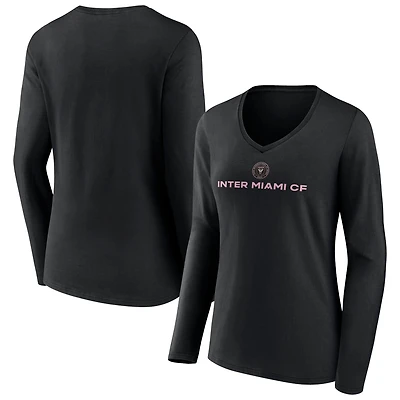 Women's Black Inter Miami CF Shielded Logo Long Sleeve V-Neck T-Shirt