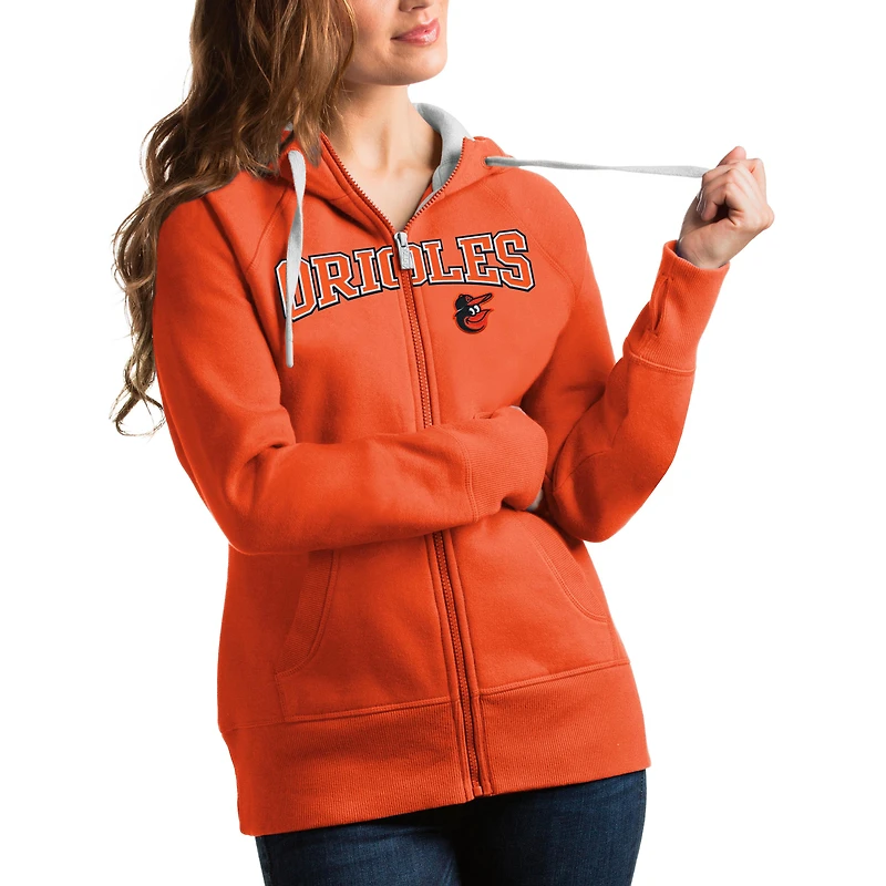 Women's Antigua Orange Baltimore Orioles Team Logo Victory Full-Zip Hoodie