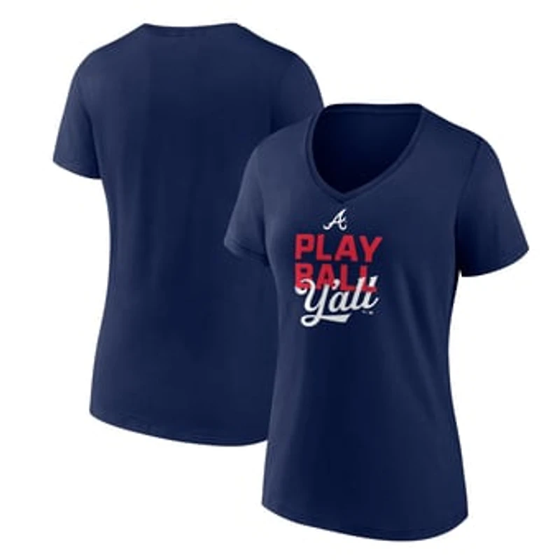 Women's Navy Atlanta Braves Play Ball V-Neck T-Shirt