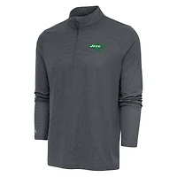 Men's Antigua Heather Charcoal New York Jets Team Logo Throwback Quarter-Zip Pullover Top