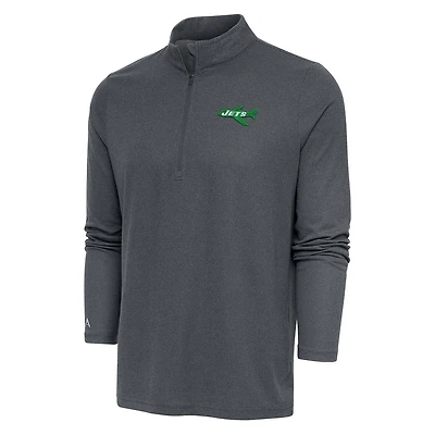 Men's Antigua Heather Charcoal New York Jets Team Logo Throwback Quarter-Zip Pullover Top