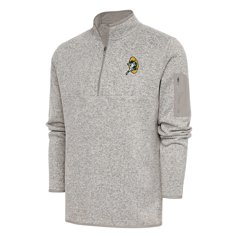 Men's Antigua Oatmeal Green Bay Packers Throwback Fortune Quarter-Zip Pullover Jacket