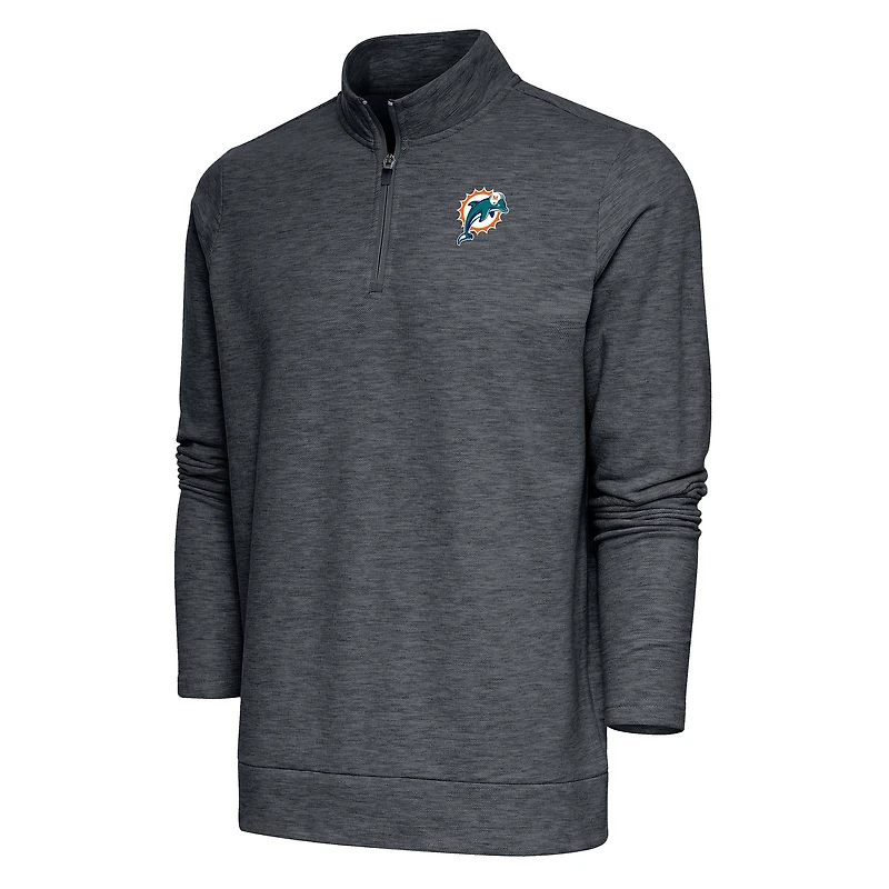Men's Antigua Heather Charcoal Miami Dolphins Team Logo Throwback Gambit Quarter-Zip Pullover Top