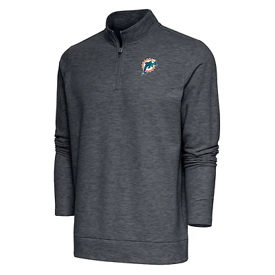 Men's Antigua Heather Charcoal Miami Dolphins Team Logo Throwback Gambit Quarter-Zip Pullover Top