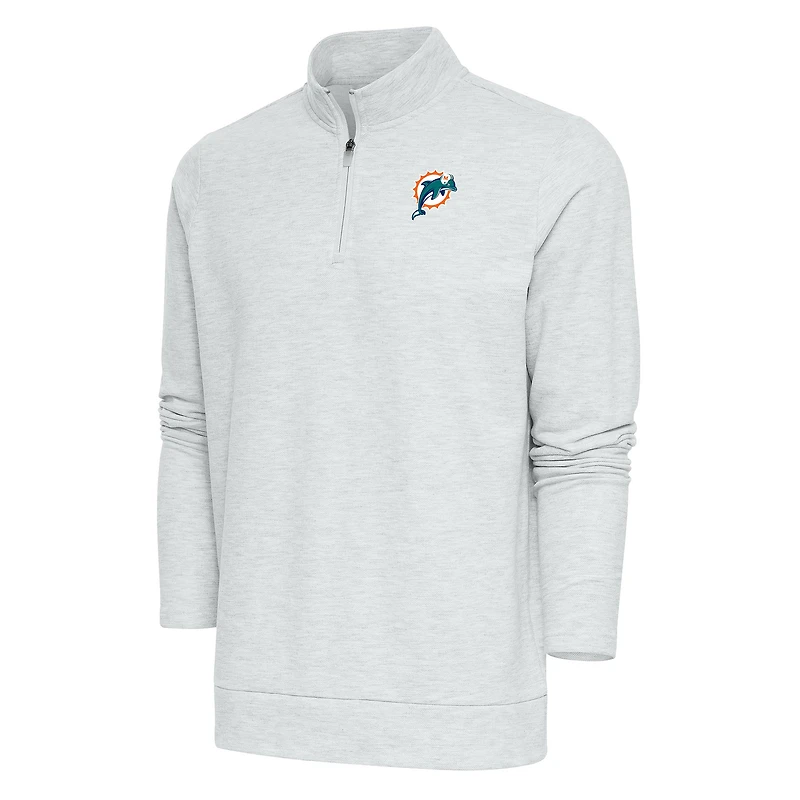 Men's Antigua Heather Gray Miami Dolphins Team Logo Throwback Gambit Quarter-Zip Pullover Top