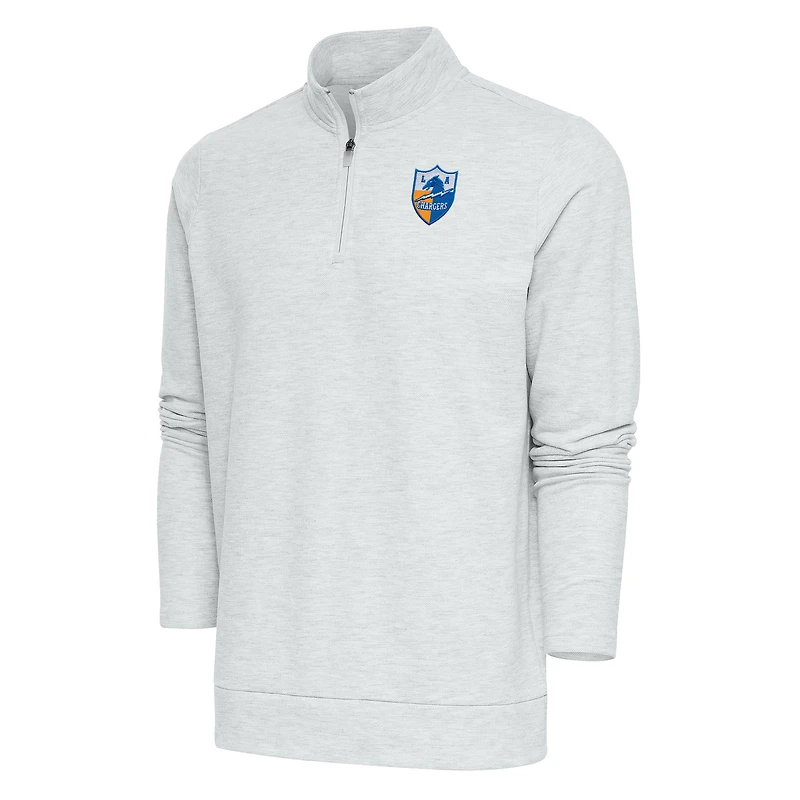 Men's Antigua Heather Gray Los Angeles Chargers Team Logo Throwback Gambit Quarter-Zip Pullover Top