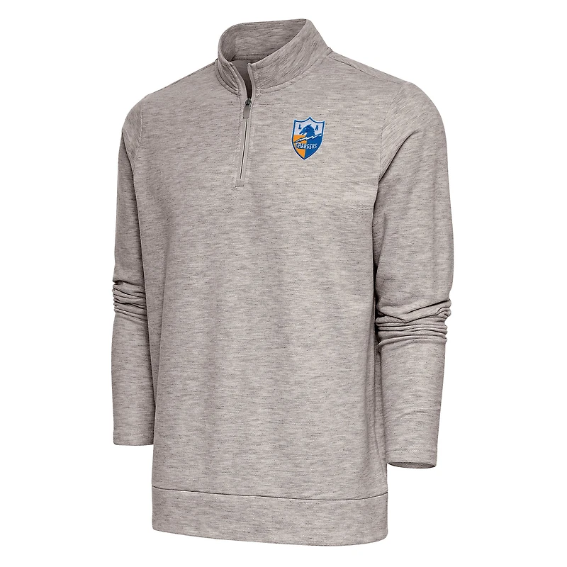 Men's Antigua Oatmeal Los Angeles Chargers Team Logo Throwback Gambit Quarter-Zip Pullover Top
