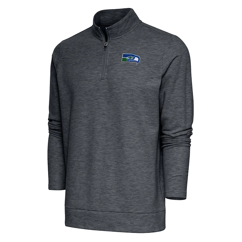 Men's Antigua Heather Charcoal Seattle Seahawks Team Logo Throwback Gambit Quarter-Zip Pullover Top