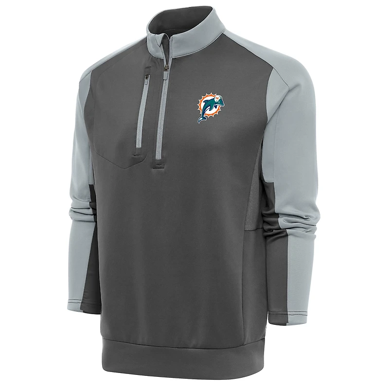 Men's Antigua Charcoal/Silver Miami Dolphins Team Logo Throwback Team Quarter-Zip Pullover Top