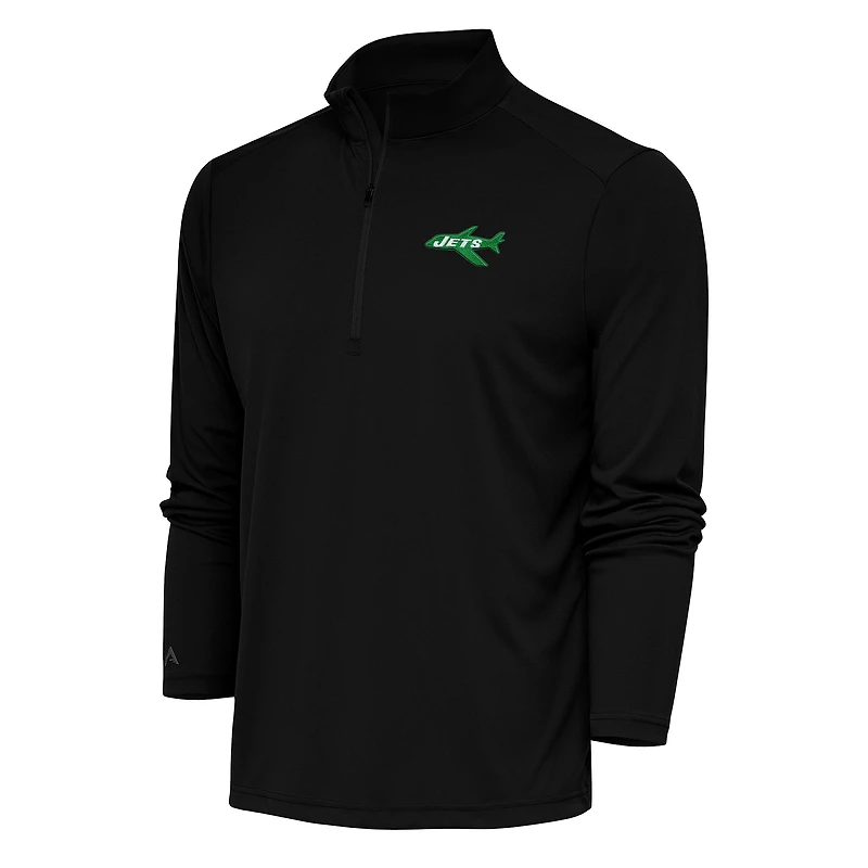 Men's Antigua Black New York Jets Team Logo Throwback Tribute Quarter-Zip Pullover Top