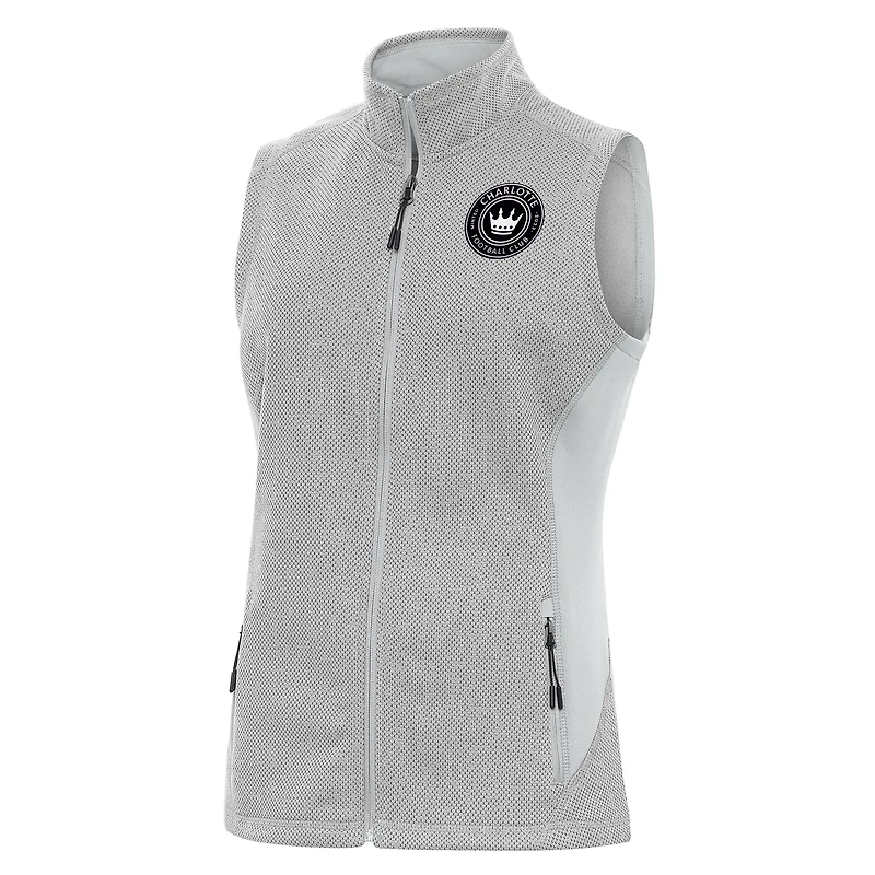 Women's Antigua Heather Gray Charlotte FC Brushed Metallic Logo Course Full-Zip Vest