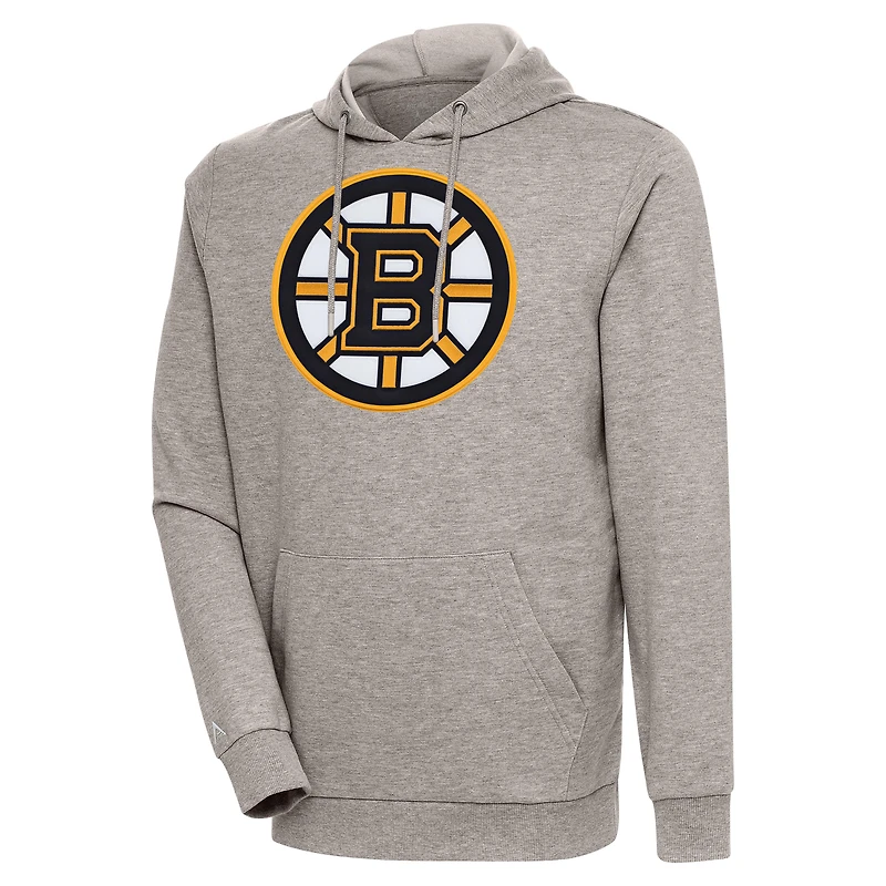 Men's Antigua Oatmeal Boston Bruins Logo Action Chenille Pullover Hoodie